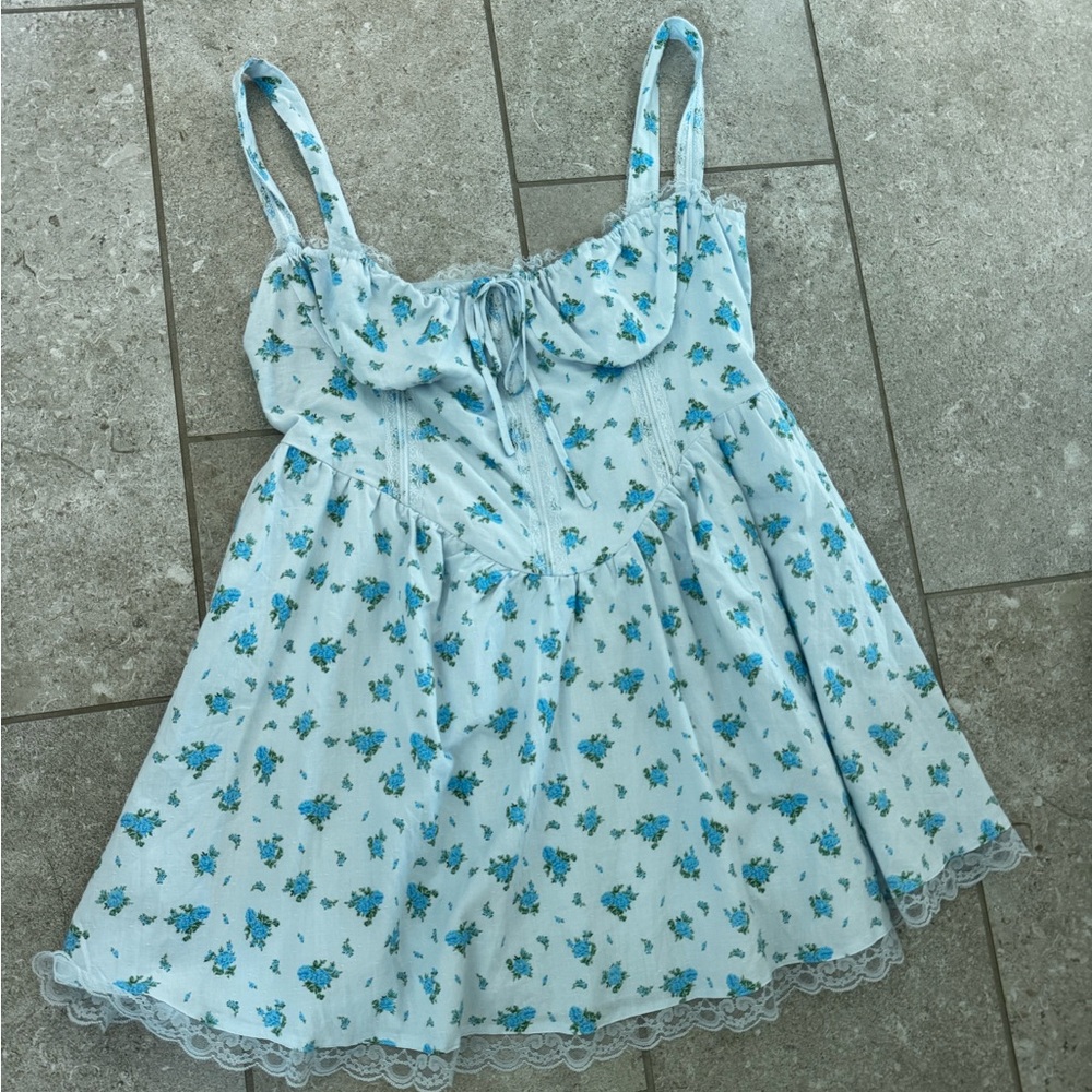 Boohoo Floral Strappy Milkmaid Mini Dress - Blue, Size 12